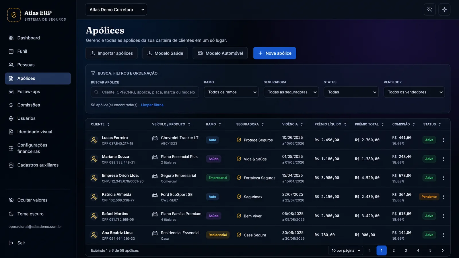 Tela de apólices do Atlas ERP com busca, filtros, tabela de clientes, ramos, seguradoras, vigências e comissões.